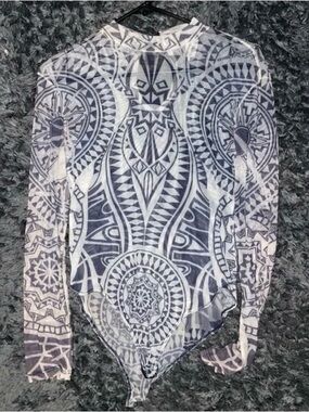 Fashion Nova Black and White Tribal Print Mesh Bodysuit